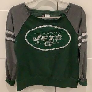 Ny Jets fan long sleeve scoop neck shirt green and gray with jersey sleeves